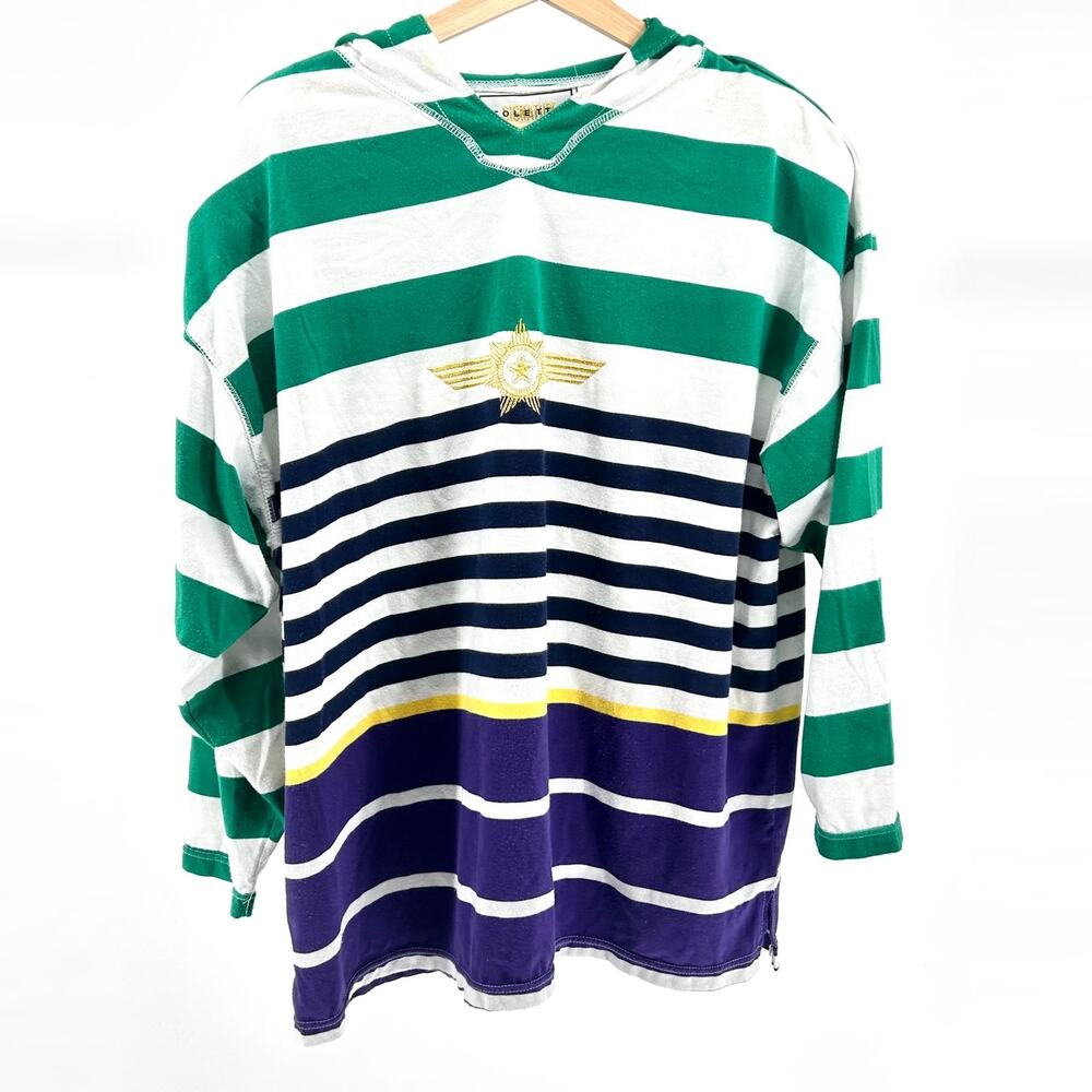 Vintage 90s Folette Signature Green White Striped Jersey Hoodie Gold Embroidery